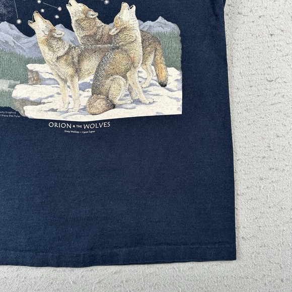 Vtg 90s Orion And The Wolves T Shirt Men's Medium Blue Wolf‎ Nature Stars - Picture 4 of 16